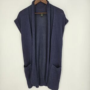 Eddie Bauer Blue Knit Open Front Linen Blend Cardigan Large